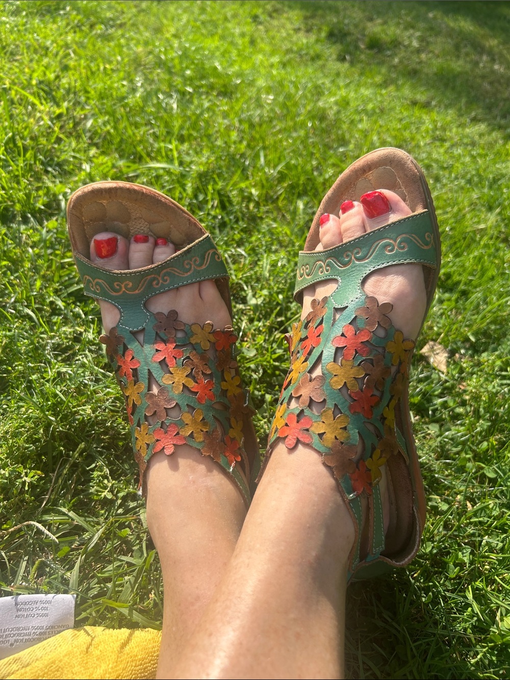 Green Floral Cutout Leather Sandals with Multicolor Accents